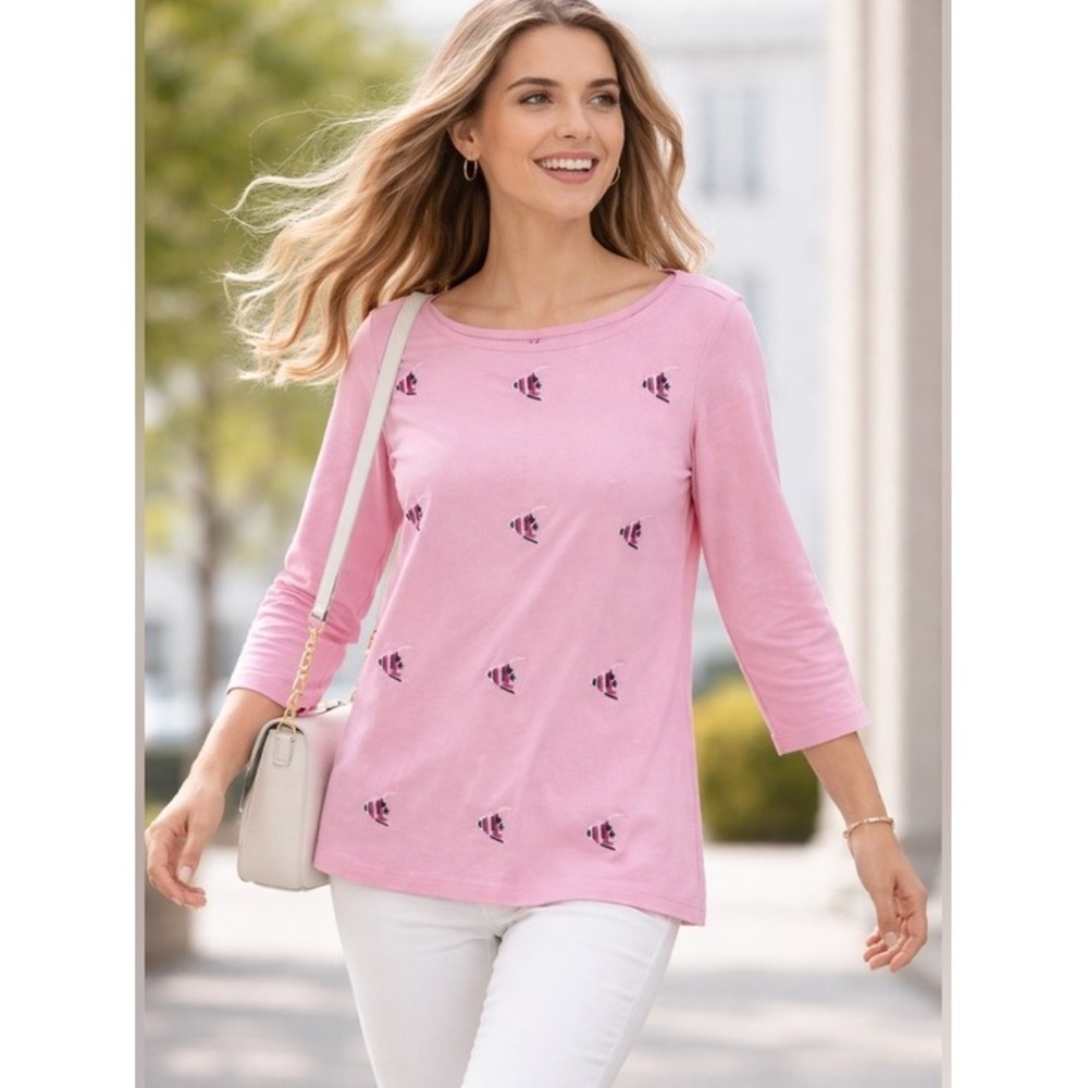 Talbots Embroidered Fish‎ Tee Women 1XP Pink Good 3/4 Sleeve Cotton Top